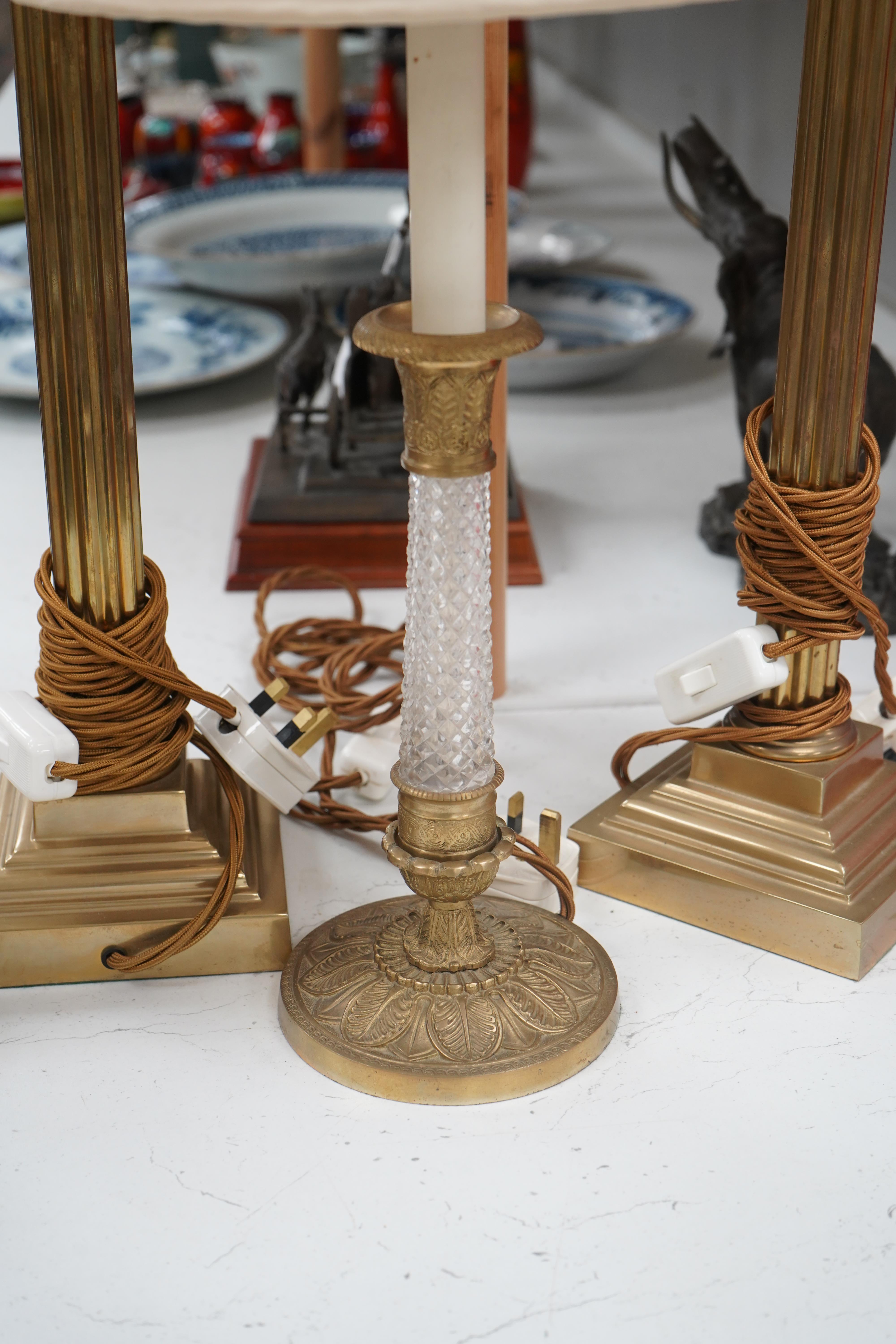 A pair of brass Corinthian column table lamps and another brass and glass pair, tallest 41.5cm. Condition - good, not tested